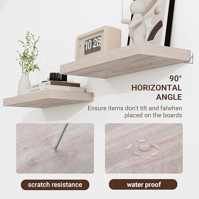 48 Inch Floating Shelves, 3D Textured Wood Grain, 48"x9.25"x1.5" Inch Deep Floating Shelves for Wall, Wooden Shelves for Bathroom, Bedroom, Living Room, Washed White-CasaMuseHome