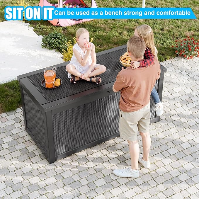 260 Gallon Large Resin Deck Box, Lockable Outdoor Storage Box for Patio Cushions Storage Furniture,Garden Tools, Pool Supplies, Weatherproof and UV Resistant-Black Rattan (260 Gallon)-CasaMuseHome