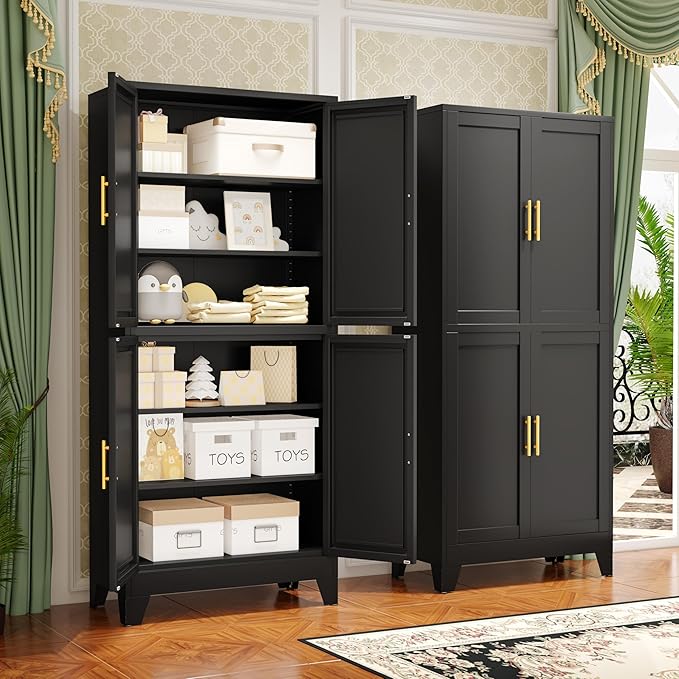 75.2" Tall Metal Pantry Cabinet, Storage Cabinets with 4 Door and 4 Adjustable Shelves, Black Kitchen Pantry Storage Cabinet, Freestanding Cupboard for Kitchen Dining Room Living Room Bathroom-CasaMuseHome