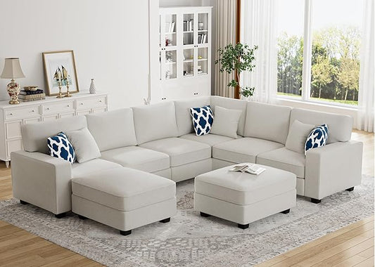 L Lengend Vansen Modular Sectional Sofa U Shaped Couch with Ottoman Modern Reversible Corner Sectional Couch for Living Room (Cream, U Shaped Sofa-3)-CasaMuseHome