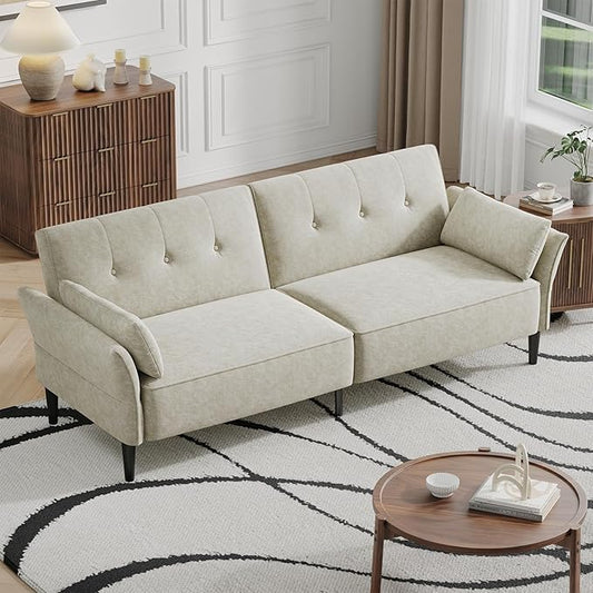 89” Futon Sofa Bed, Comfy Futon Couch Bed with 2 Square Pillows, Convertible Sleeper Sofa with Adjustable Backrest& Armrests, Modern Loveseat Sleeper for Living Room, Bedroom, White-CasaMuseHome