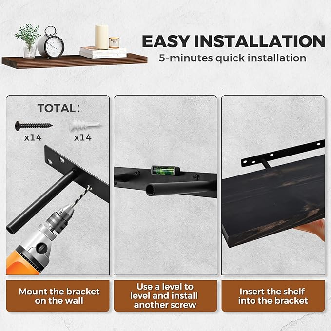 24"x6.8"x1.2" Solid Wood Floating Shelves 2-Pack - Rustic Black Finish with Hidden Brackets, Perfect for Storage and Décor in Living Room, Kitchen, Bedroom-CasaMuseHome