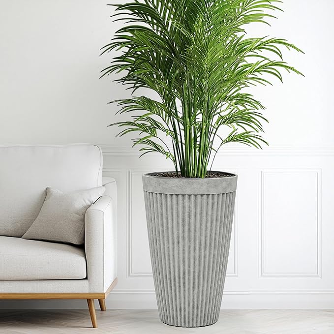 20" Resin Tall Planters for Outdoor Plants, Set of 2 Vintage Gray Large Flower Pots with Handmade Fluted Texture, Heavy-Duty and Weather-Resistant for Year Round Indoor Outdoor use-CasaMuseHome