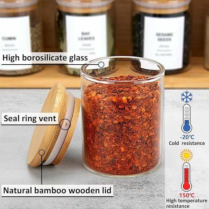 4OZ Glass Spice Jars with Bamboo Lids and 315 Labels, 20 Pcs Clear Food Storage Containers for Kitchen Sugar Salt Coffee Tea Beans-CasaMuseHome