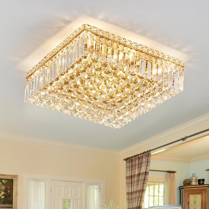 12-Lights Gold Crystal Flush Mount Ceiling Light Fixtures,Elegant Crystal Chandelier Pendant Ceiling Lamp for Bedroom,Living Room,Dining Room,Hallway H5.9 x W20 x L20 (Bulb Not Included) Square-CasaMuseHome