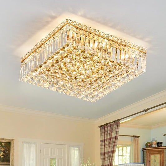 12-Lights Gold Crystal Flush Mount Ceiling Light Fixtures,Elegant Crystal Chandelier Pendant Ceiling Lamp for Bedroom,Living Room,Dining Room,Hallway H5.9 x W20 x L20 (Bulb Not Included) Square-CasaMuseHome