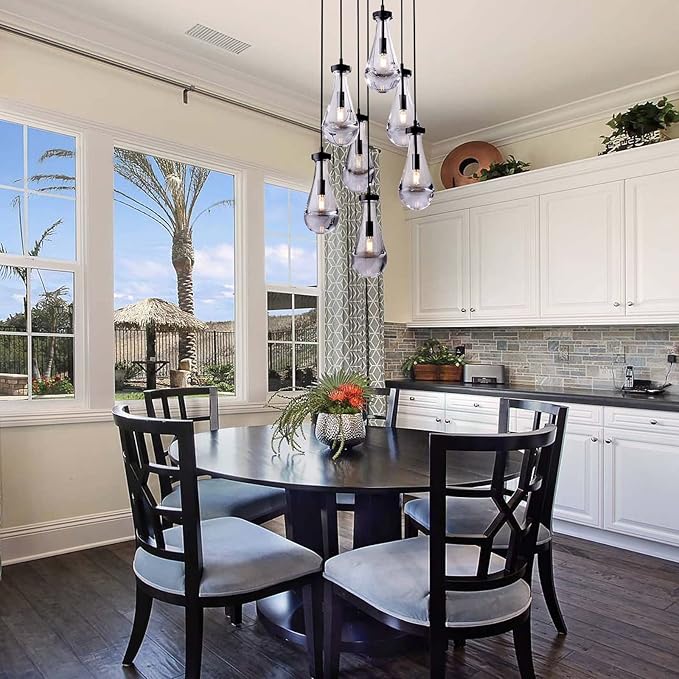 7 Light Raindrop Chandeliers, Bronze Teardrop Cluster Pendant Lights Kitchen Island, Black Dining Room Chandelier Over Table Hanging Pendant Lighting for High Ceiling, Entryway Staircase-CasaMuseHome