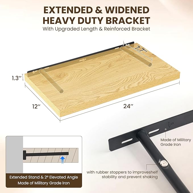 24" Floating Shelves for Wall, 12" Deep Slim Oak Floating Shelves, Wall-Mounted Shelves for Bedroom, Living Room, Kitchen, Bathroom - Set of 2-CasaMuseHome