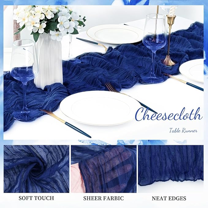 10FT 12 Pack Royal Blue Cheesecloth Table Runner 20 x 120 Inch Long Rustic Gauze Cheese Cloth Table Runner for Wedding Bridal Baby Shower Table Decorations Boho Fabric Sheer Birthday Party Table Decor-CasaMuseHome