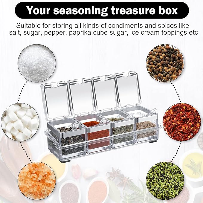 2 Set Acrylic Seasoning Organizer Box 8 Pcs Clear Seasoning Rack Spice Pots Condiments Containers with Lids and Spoons Storage Container Spice Jar for Salt Sugar Cruet Kitchen Cooking Organizer-CasaMuseHome