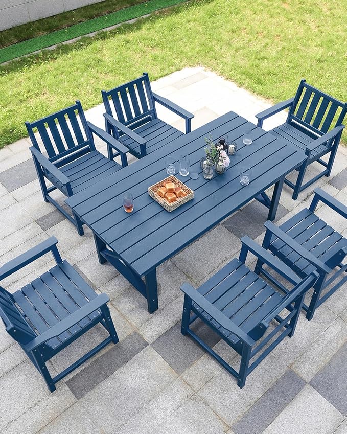 7 Pieces HDPE Outdoor Dining Set, Patio Dining Set with Umbrella Hole, All Weather Outdoor Dining Table Sets for 6, HDPE Patio Furniture Sets for Deck, Backyard, Lawn, and Poolside, Navy-CasaMuseHome