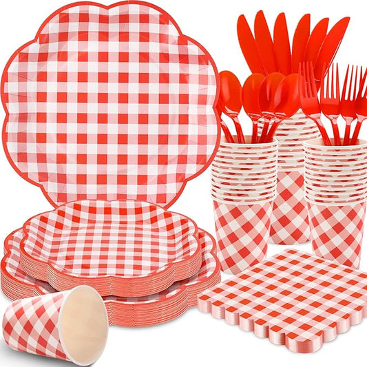 175 Pcs Red Gingham Plates and Napkins Party Supplies - Red and White Checkered Plates Sets Serve 25 Guests - Scalloped Gingham Paper Plate for Birthday Picnic BBQ Christmas Party Decorations-CasaMuseHome
