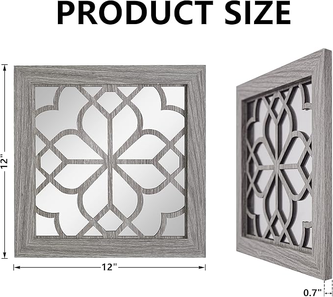 4pcs Farmhouse Wall Mirror with Carved Floral Design -Rustic Mirror Decor for Home, 12x12 inch(Brown)-CasaMuseHome