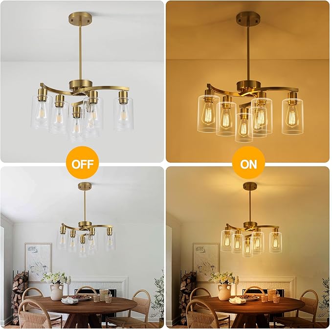 6-Light Gold Chandeliers for Dining Room, Modern Kitchen Island Light Fixtures Over Table, Metal Hanging Pendant Lighting for Living Room Stairwell Entryway Bedroom, Clear Glass Shade-CasaMuseHome