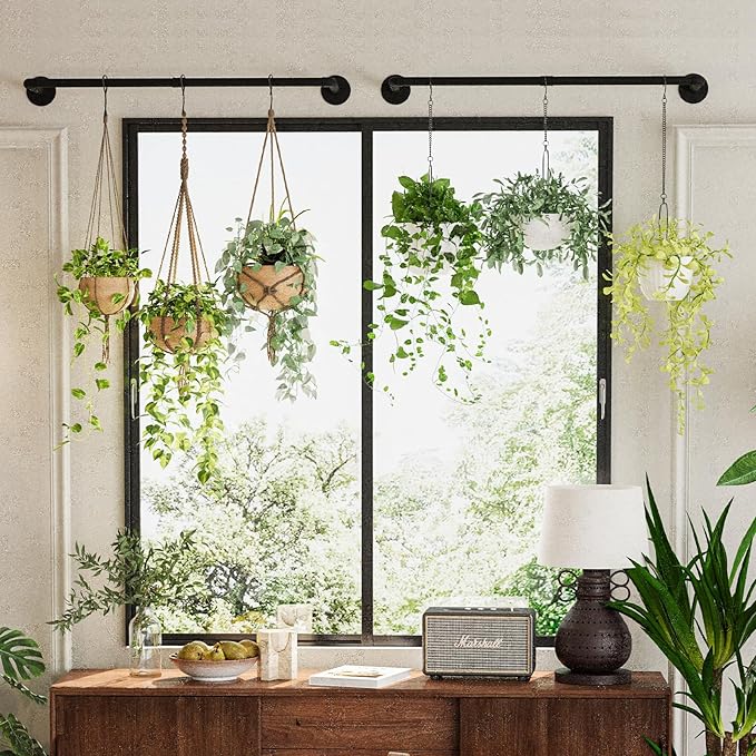 2Pc Hanging Planters for Indoor Plants Plant Hanger Indoor Hanging Plant Holder Black Metal Rod(Pot/Chain/Plant not Included-CasaMuseHome