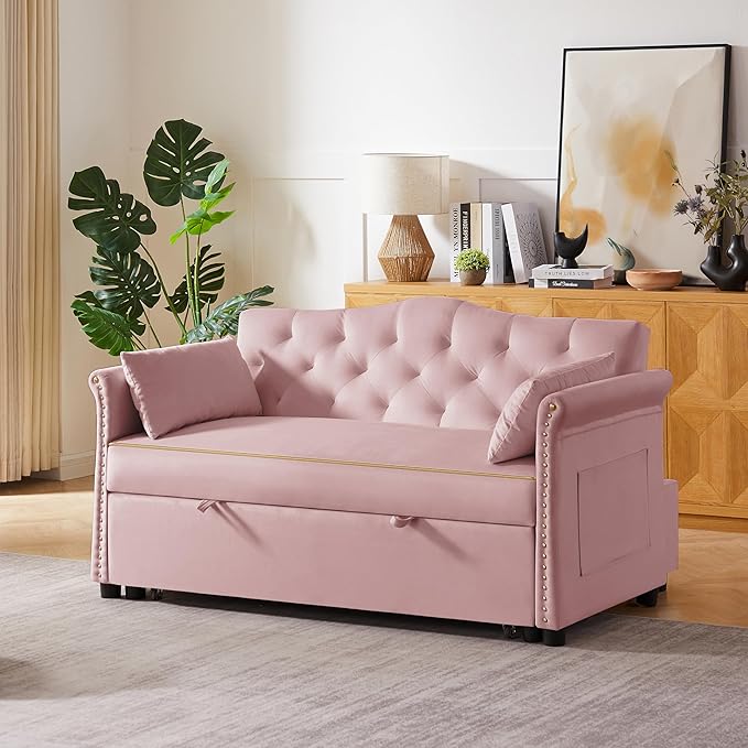 57" Velvet Pull-Out Sofa Bed, 3-in-1 Convertible Loveseat with Gold Trim Strips and Adjustable Backrest, Perfect for Living Rooms, Offices and Apartments (Pink)-CasaMuseHome