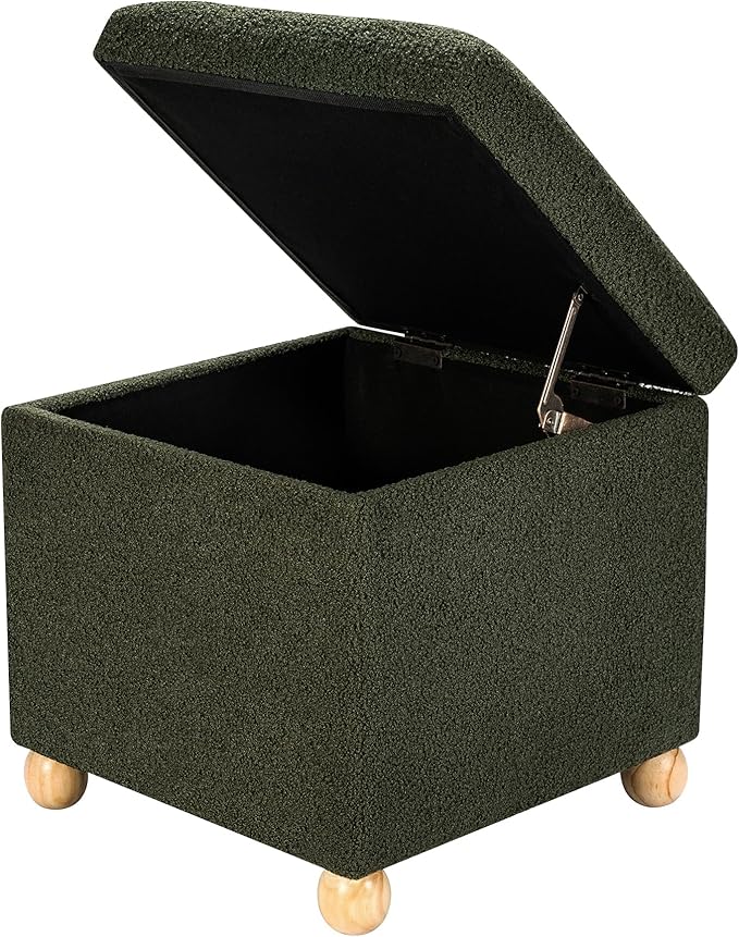 Adeco 17 Inch Soft Dark Green Cube Ottoman Storage, Teddy Velvet Chair Foot Stools, Upholstered Vanity Stool with Hinged Lid, Solid Round Wood Legs-CasaMuseHome