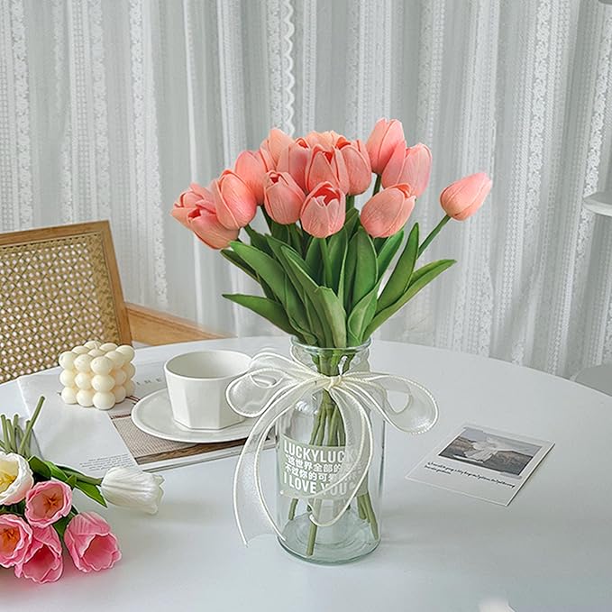 20pcs Pink Artificial Tulip Fake Flower 12.9 Inch Spring Mother's Day Easter Gift for Home Kitchen Wedding Decoration-CasaMuseHome