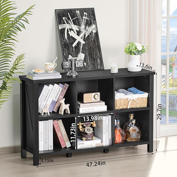 6 Cube Bookcase, Farmhouse Wood Low Storage Organizer Book Shelf, Black 47" Horizontal Console Bookshelf with Legs, Hallway Book Case for Entryway, Display Cabinet for Living Room, Office-CasaMuseHome