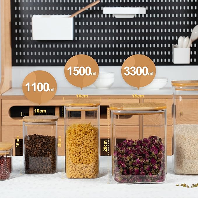52oz Airtight Glass Square Storage Canister with Bamboo Lid Set of 3 (1550ml) Container Stackable Spice Jar, Kitchen Canister for Flour, Cookies, Cereal and Coffee beans (‎with Black Lable)-CasaMuseHome