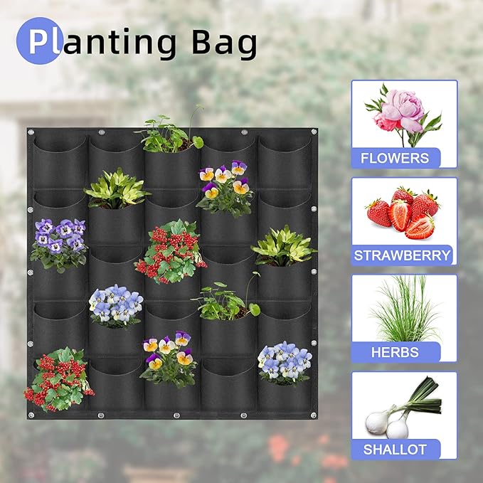 25 Pockets Hanging Planter Bags, Hanging Vertical Wall Mounted Plant Planting Grow Bags, Herb Garden Planter Outdoor Indoor Growing Bag, Gardening Vertical Greening Flower Container(1m×1m, Black)-CasaMuseHome