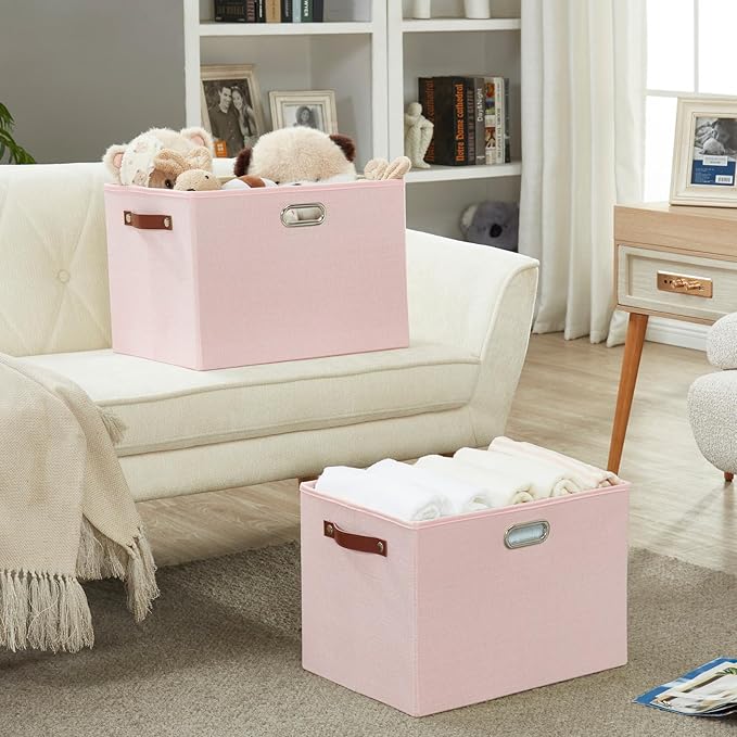 3-Pack Foldable Fabric Storage Bins with Durable PU & Metal Handles, Collapsible Storage Baskets for Shelves, Home Storage, Closet Organizers, Living Room(17"x11.8"x11.8", Pink)-CasaMuseHome