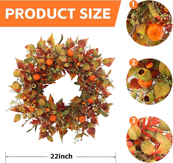 22 inch Artificial Fall Wreaths for Front Door,Autumn Wreath with Pumpkin and Maple Leaves Suitable for Indoor Outdoor Wall Porch Harvest Festival Thanksgiving Day Farmhouse Holiday Decor.-CasaMuseHome