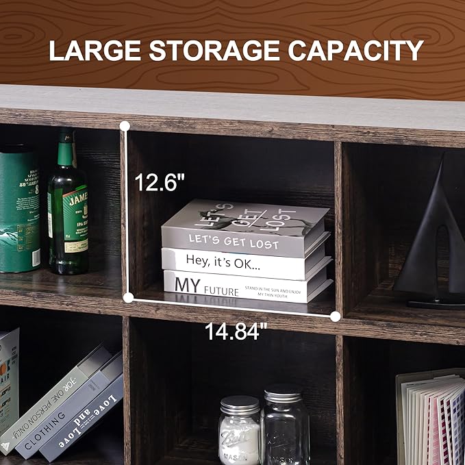 8 Cube Storage Organizer Bookshelf, Industrial Horizontal Bookcase, Accent Cubby Shelf, Media Console Table for Living Room, Home Office, 63 Inches, Dark Grey Oak-CasaMuseHome