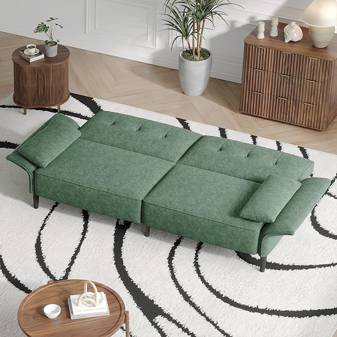 89” Futon Sofa Bed, Comfy Futon Couch Bed with 2 Square Pillows, Convertible Sleeper Sofa with Adjustable Backrest& Armrests, Modern Loveseat Sleeper for Living Room, Bedroom,Light Green-CasaMuseHome
