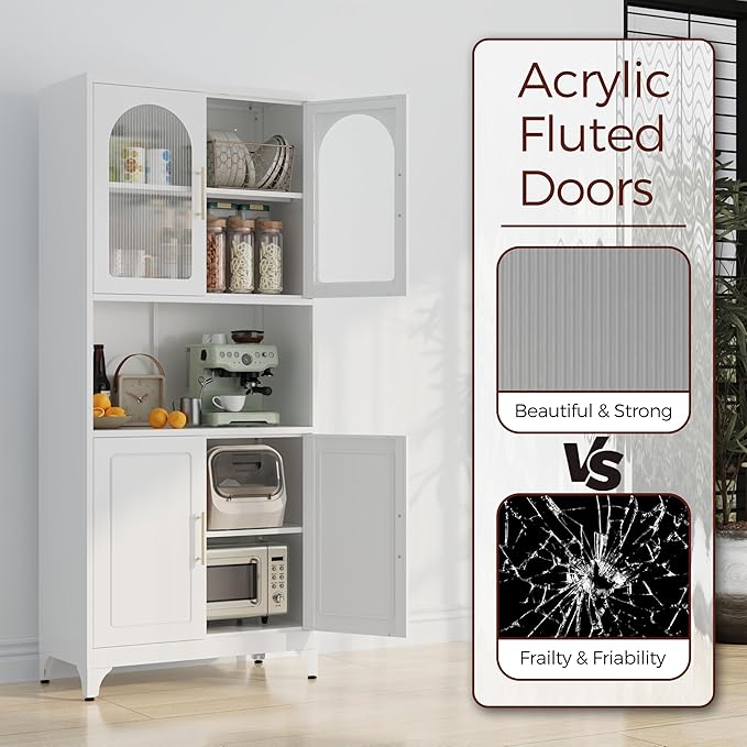 75" Tall Kitchen Pantry Cabinet, Metal Storage Cabinets with Acrylic Doors and Adjustable Shelves, Hutch Cabinet with Storage, White Microwave Stand Cabinets for Dining Living Room-CasaMuseHome