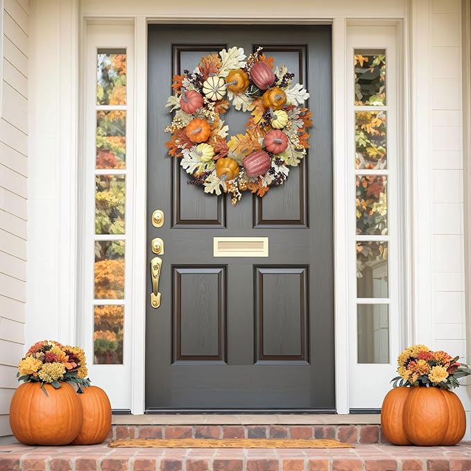 24 inch Fall Wreaths for Front Door Outside Autumn Wreath Fall Decorations for Home Decor Pumpkin Wreath for Farmhouse Holiday Thanksgiving Harvest Halloween Outdoor Indoors Fall Front Porch-CasaMuseHome