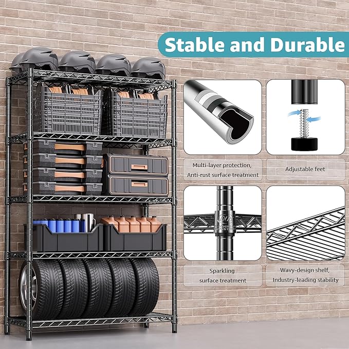 1750 lbs Steel Storage Shelving 5-Tier Utility Shelving Unit Steel Organizer Wire Rack for Home,Kitchen,Office,Garage, 1750 LBS Capacity 17.7" D x 47.2" W x 72.3" H-CasaMuseHome