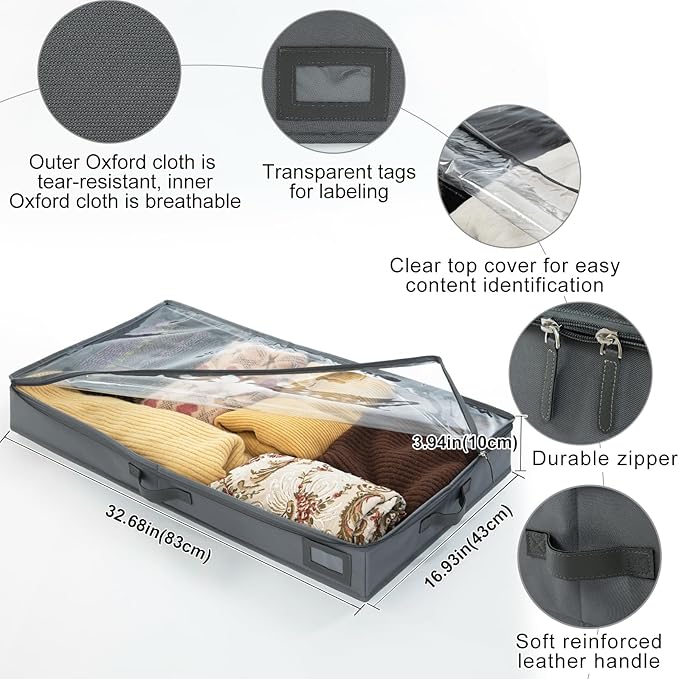 4-Inch Under Bed Storage Containers, Low Profile UnderBed Storage Organizer, Under Crib/Couch Storage Box for Seasonal Clothing, Sweaters, Shoes, Blankets, Wrapping Paper, Sheets & Toys 33"L×17"W×4"H-CasaMuseHome