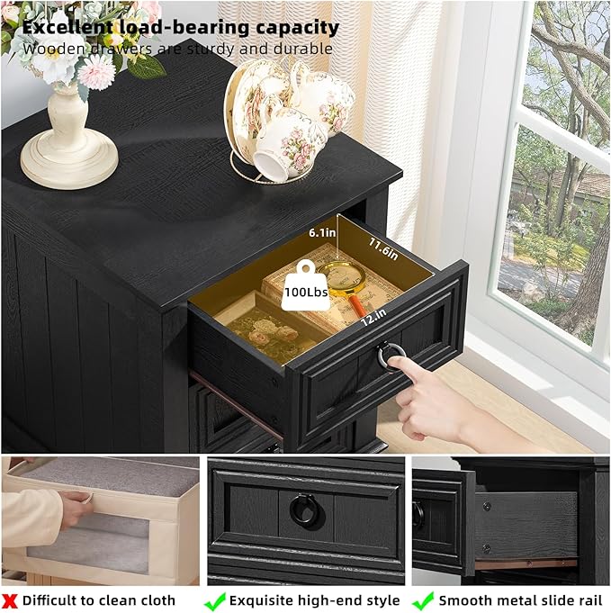 18" Farmhouse Night Stand with 3 Drawers, Wood End Table Dresser for Bedroom, Black Nightstand, Bed Side Table with Metal Handle, Bedside Cabinet for Bedroom Living Room, Closet-CasaMuseHome