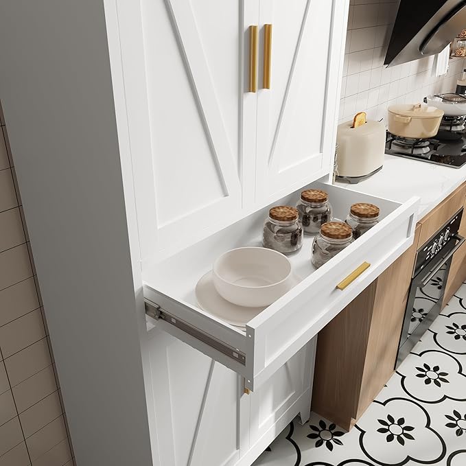 71 "Farmhouse Metal Filing Cabinet with a Drawer and 4 Adjustable Shelves, with 4 Large barn Door White Kitchen Cabinets, Metal Food Cabinets for Home, Kitchen, Dining/Living Room (White)-CasaMuseHome