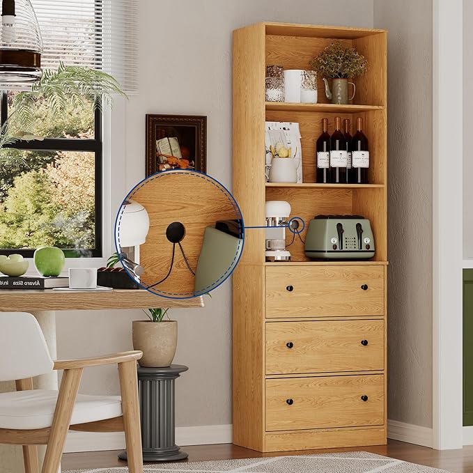 71" Tall Bookshelf with Storage, Bookcase with Drawers, Farmhouse Wooden Corner Book Shelves, Mid Century Modern Book Shelf Wall Standing Home Decor Furniture for Living Room, Bedroom, Office, Kitchen-CasaMuseHome