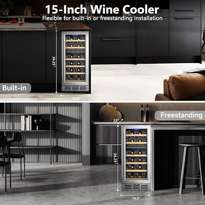 15 Inch Dual Zone Wine Refrigerator, 29 Bottle Under Counter Wine Fridge, Wine Refrigerator for Built-In or Freestanding, Wine Cooler with Removable Shelves, Double-Layer Glass Door, for Home-CasaMuseHome