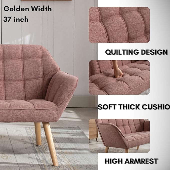 48”Small Loveseat Sofa, Modern Linen Upholstered Mini Couch 2-Seater Fluffy Love Seat with Quilting Backs and Wood Legs for Small Space Living Room, Bedroom, Pink-CasaMuseHome