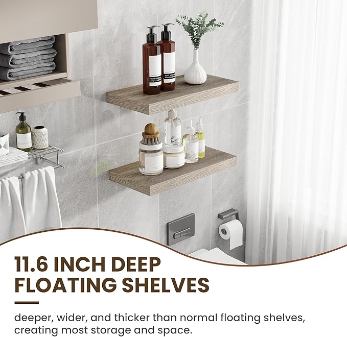 24 Inch Floating Shelves, 11.6 Inch Deep Floating Shelves for Wall, Floating Shelf with Invisible Brackets, Deep Shelves for Bathroom, Bedroom, Living Room, 2 Pack, Vintage Gray Oak-CasaMuseHome