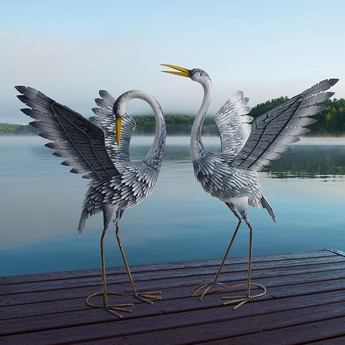 24-27 Inch Standing Crane Garden Sculptures & Statues, Crane Metal Yard Art for Backyard, Lawn, Patio, Porch, Birthday, Wedding Decorations, Gray-CasaMuseHome