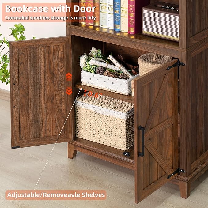 70in Tall Bookshelf 5 Tier Bookcase with Barn Doors and Adjustable Shelves, Brown Farmhouse Book Shelf with Storage Cabinet, Wood Freestanding Display Bookshelves for Bedroom, Kitchen (3PCS)-CasaMuseHome