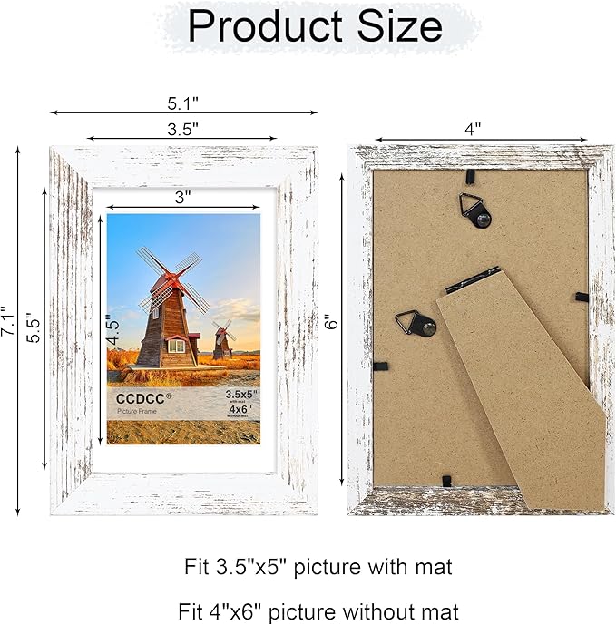 4x6 Picture Frame Set of 4, 4 x 6 Wood Photo Frames with Mat for 3.5x5, Rustic Natural Wooden Frame with Real Glass Cover for Wall and Tabletop Display,Distressed White-CasaMuseHome