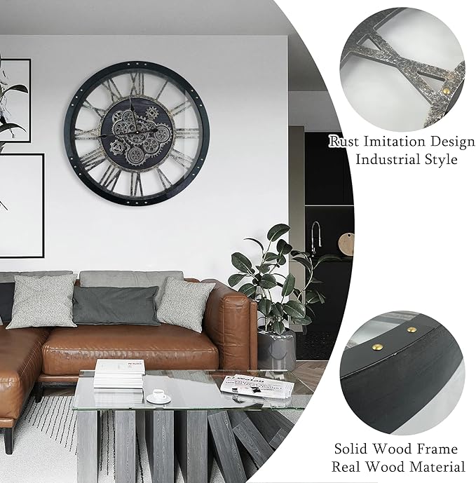 30 Inch Industrial Steampunk Wall Clock, Oversized Solid Wood Frame, Battery Operated, Large Wall Clock with Real Rotating Gears, Black-CasaMuseHome