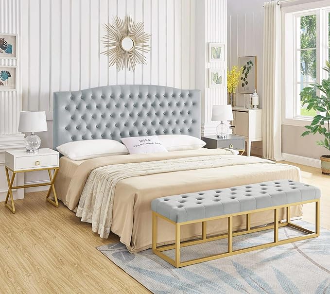 24KF Upholstered Tufted Button Velvet Headboard,Comfortable Fashional Headboard King/CA King Size,Gray-CasaMuseHome