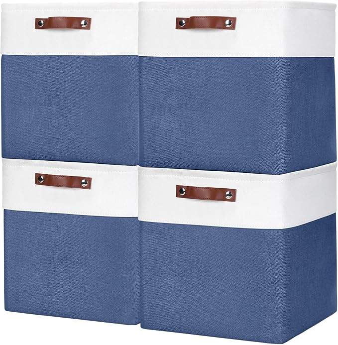 13x13 Cube Storage Bins, Collapsible Fabric Storage Box, 4 Pack Closet Baskets with Handles for Organizing, Shelf, Toys, Clothes, Home, Office, Nursery (NavyBlue&White)-CasaMuseHome