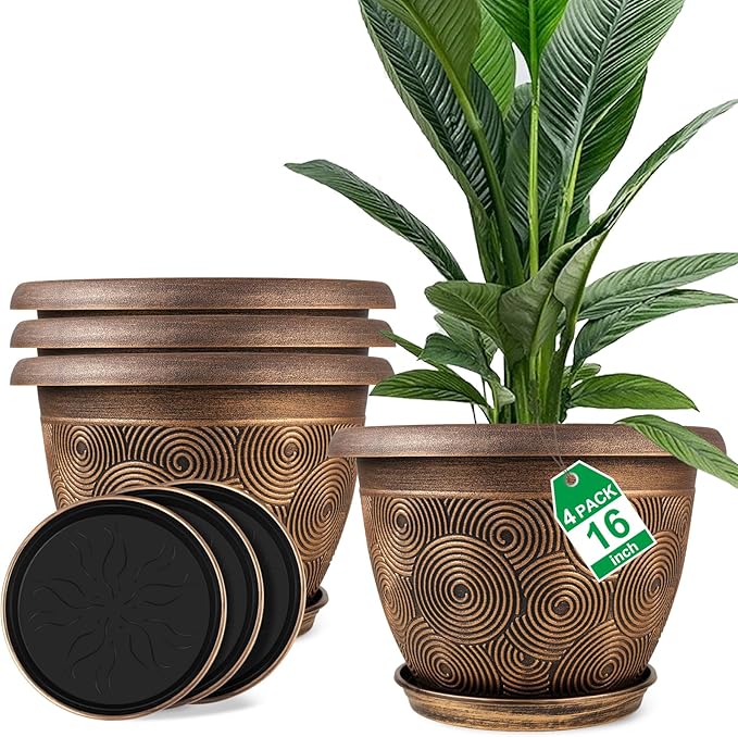 16 Inch Large Planter Pot for Plants Indoor Outdoor, 4 Pack Plastic Flower Pots with Drainage Hole & Tray, Modern Decorative Garden Pot with Saucer, Plant Container for House-CasaMuseHome