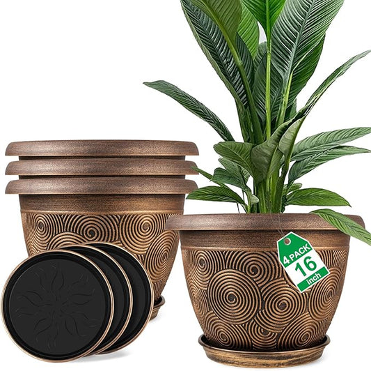 16 Inch Large Planter Pot for Plants Indoor Outdoor, 4 Pack Plastic Flower Pots with Drainage Hole & Tray, Modern Decorative Garden Pot with Saucer, Plant Container for House-CasaMuseHome