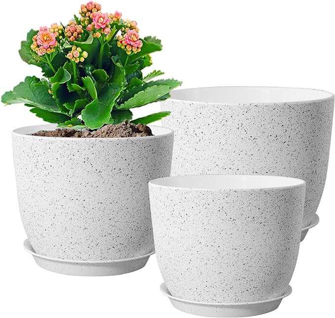 9/8/7.5 inch Flower Pots, Set of 3 Modern Decorative Plastic Planters with Drainage Holes and Saucers for Garden House Plants, Plant Pots for Indoor Outdoor Plants, Speckled White-CasaMuseHome