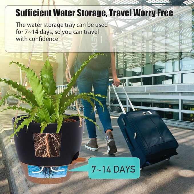 8 inch Hanging Planters, 2 Pack Self Watering Hanging Pots with 20oZ Deep Reservoir for Indoor Outdoor Plants Flowers, Black with Brown-CasaMuseHome