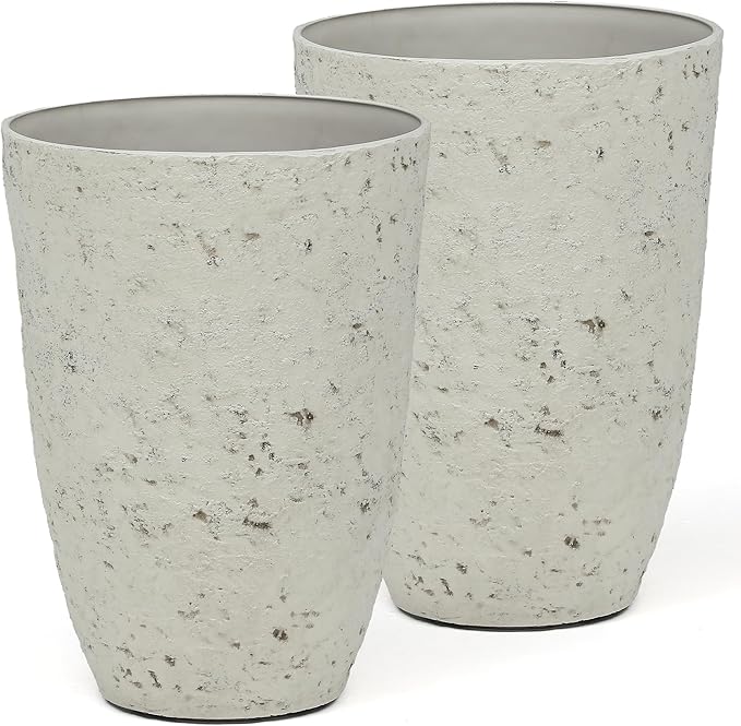 19.5" Resin Tall Planters for Outdoor Plants, Set of 2 Country White Large Flower Pots with Handmade Birch Bark Texture, Heavy-Duty and Weather-Resistant for Year Round Indoor Outdoor use-CasaMuseHome